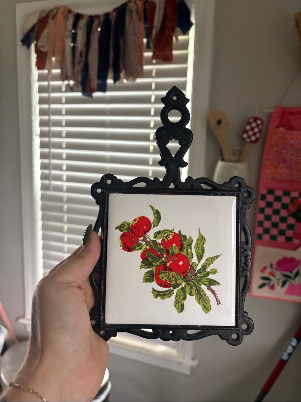 Decorative Cast Iron Tile Trivet with Red Apple Motif
